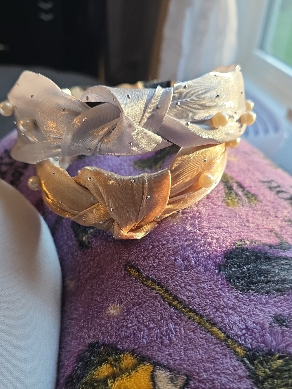 Pearl-Accent Satin Braided Headband - Grey And Gold 2 Pk